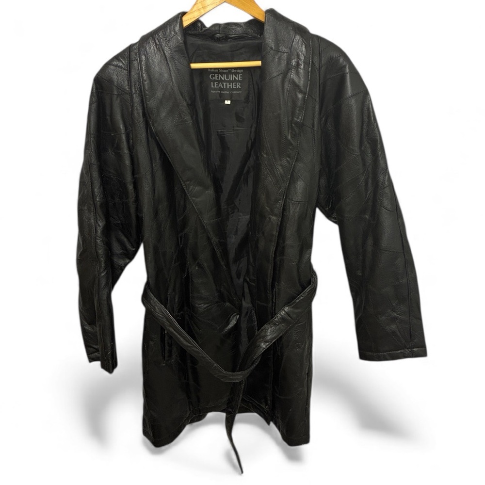 Leather Patchwork Coat Italian Stone Design Vintage Leather Car Coat Belted Fab
